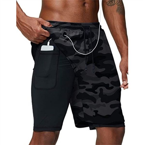 

camo running shorts men 2 in 1 double deck quick dry gym sport fitness jogging workout sports short pants 220610gx, White;black