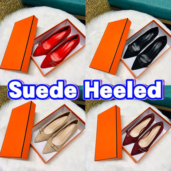

2022 fashion women dress shoes blush 40 suede heeled pumps with rhinestone buckle womens designer mid heel ladies sandals classic party wedd, Black