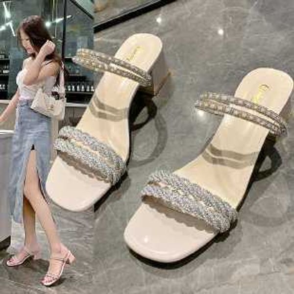 

classic luxury paris sandals women's 2022 summer new all-match evening wind roman shoes pearl thick heels two sandals designer elling, Black