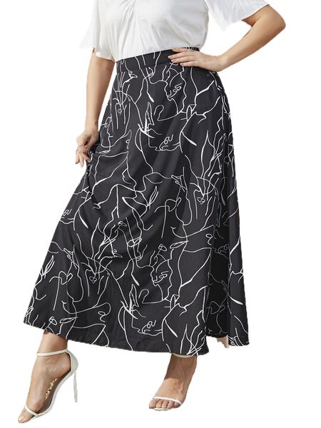 

plus allover print a-line skirt i1ac#, Black
