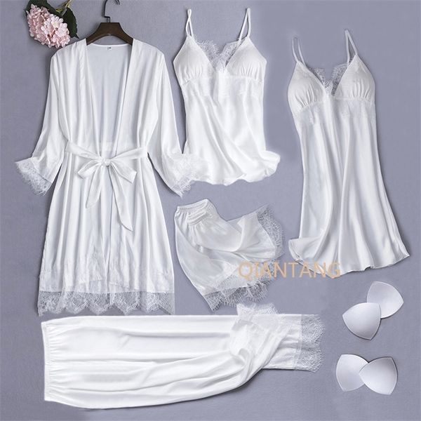 Weiße Seidenpyjamas Set Frauen 5PCS Braut Hochzeit Robe Nachthemd Sexy Spitze Chemise Nachtwäsche Kimono Bademantel Kleid Dessous 220527