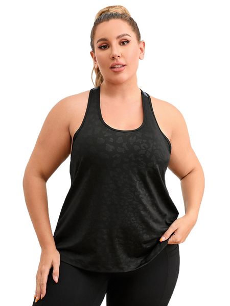 

plus leopard print contrast panel racer back sports tank 27lq#, Black