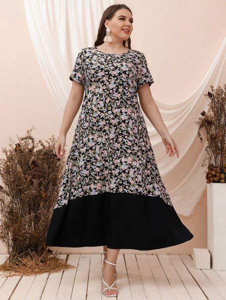 

plus floral print dress c2aq#, Black