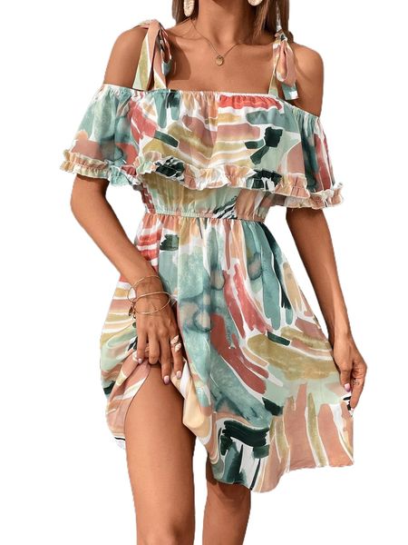 

allover print knot cold shoulder foldover ruffle trim dress a7dh#, Black;gray