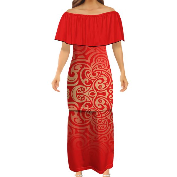 

puletasi polynesian traditional tribal design couples dress summer women polynesian tribal off shoulder ruffle half sleeve dress 220706, White