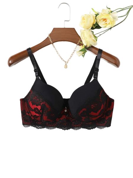 

plus contrast lace scallop trim bow underwire bra u2so#, Black;white