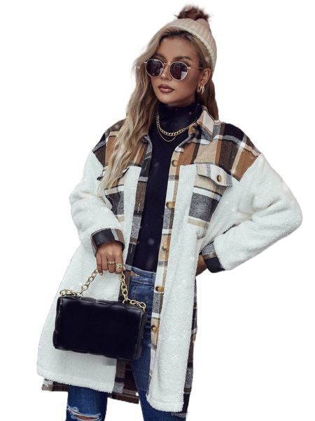 

plaid flap detail drop shoulder wool-mix coat v61n#, Black