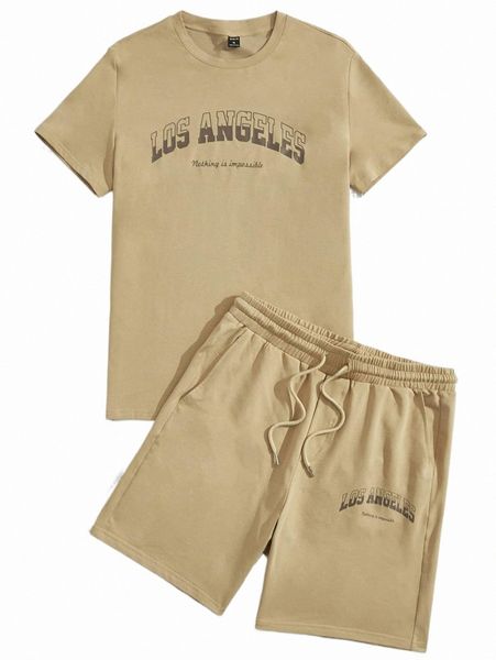 

men slogan graphic tee & drawstring waist shorts z2sq#, Gray