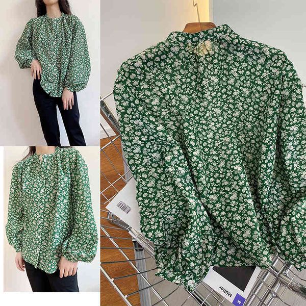 

women's polos p160175 french literary loose stand collar lantern sleeve mulberry silk cotton blended 45 shirt, White