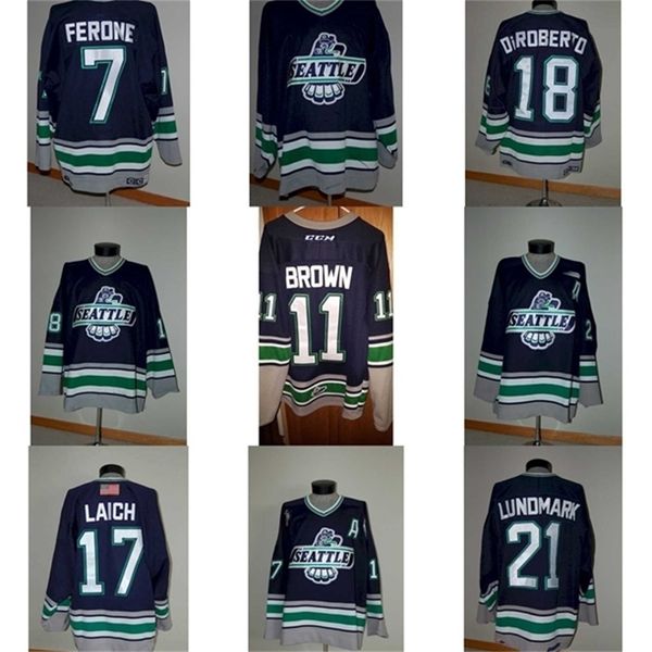 MThr Custom Mens Womens Kids WHL Seattle Thunderbirds 7 Paul Ferone 18 Torrey DiRoberto 21 Jamie Lundmark Ice Hockey Jerseys Goalit Cut