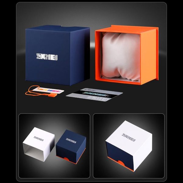 Смотреть коробки корпусы Skmei Top Brand Square Box Sets для мужчин Женщины смотрят упаковку Tin Blue Carton Gift Luxury Fashion Casual Box Twatch