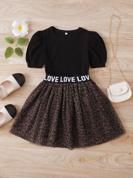 

toddler girls puff sleeve tee & leopard mesh skirt she, White
