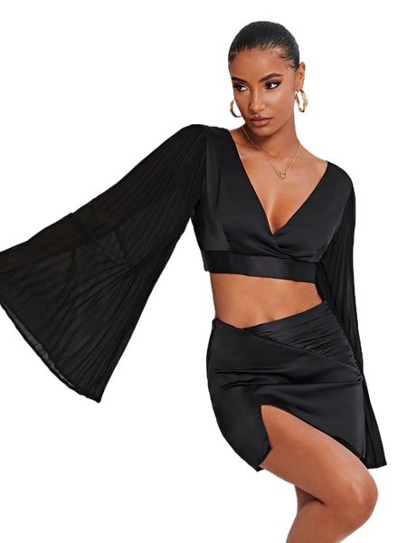 

flounce sleeve tie backless crop blouse b5ml#, White