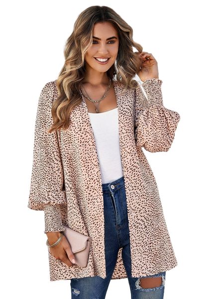 

random allover print shirred cuff lantern sleeve kimono s8d4#, White;black