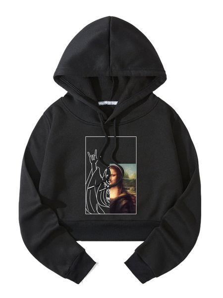 

figure graphic thermal lined crop drawstring hoodie 62f8#, Black