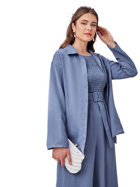 

solid shirred wide leg belted jumpsuit & blouse v4gb#, White