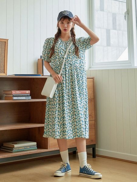 

dazy puff sleeve ditsy floral smock dress 19yb#, Black;gray