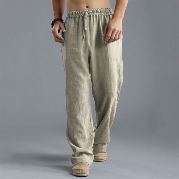 

autumn casual solid low waist linen long pants men harajuku loose lace-up straight mens summer simple pant streetwear 220325, Black