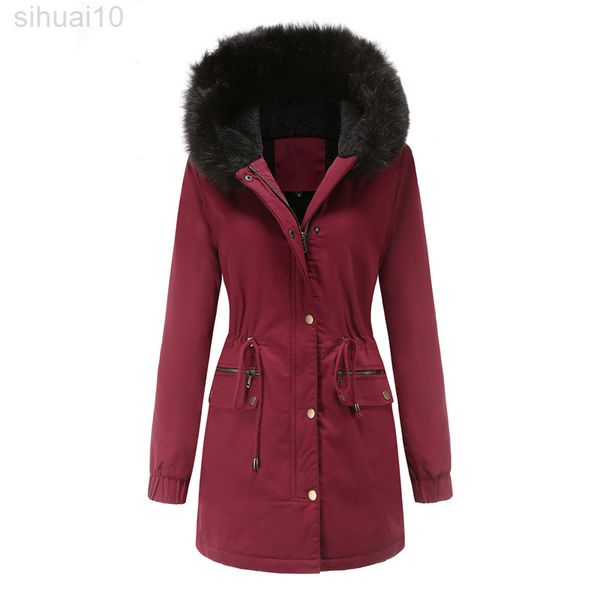 Winter Unten Baumwolle Mantel Frauen Pelz Kragen Lose Mode Parkas Armee Grün Weinrot Mit Kapuze Warme Tops Jacke L220730