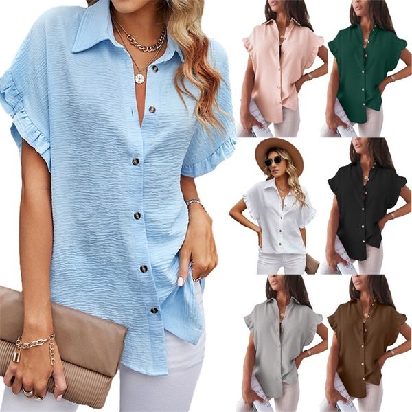 

women's fashion summer solid color lapel button loose short sleeve chiffon shirt 220511, White