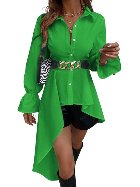 

solid high low flounce sleeve blouse without belt l0kd#, White