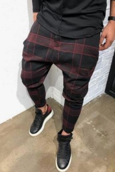 

casual fitness plaid straight leg trousers pencil cargo harem pants mens jogger pants 220816, Black