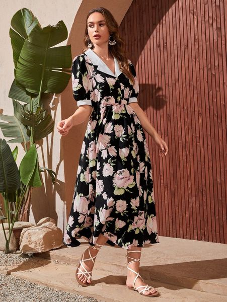 

floral lapel collar dress m4cp#, Black;gray