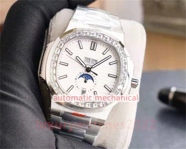 Relógio masculino de super qualidade 40 mm azul branco preto mostrador quadrado diamante bisel calendário automático mecânico 5726 aço pulseira esportes relógios de pulso masculinos