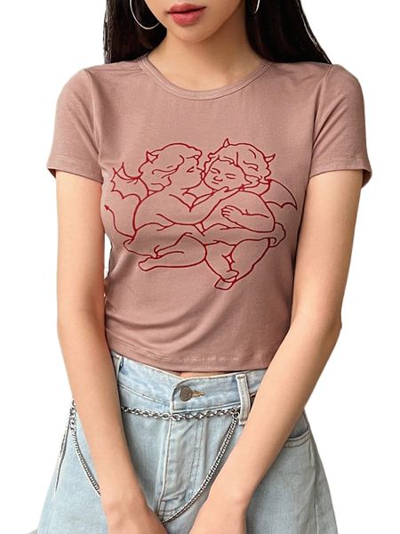 

dazy angel print round neck tee c8ix#, White