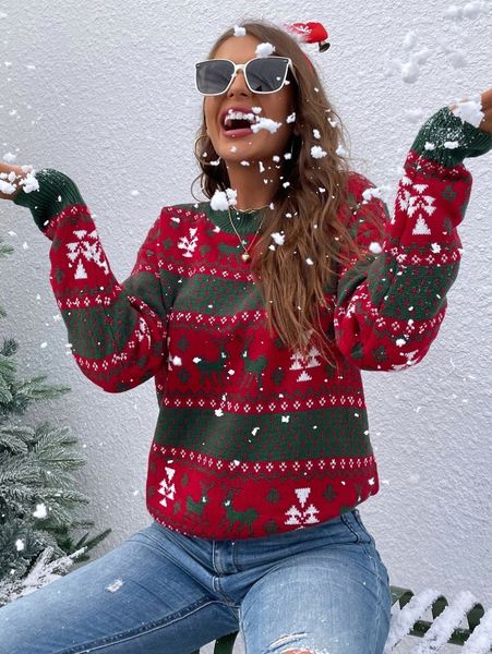 

colorblock deer pattern drop shoulder sweater s3o5#, White;black