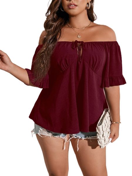 

plus off shoulder knot front flounce sleeve blouse z2mm#, Black