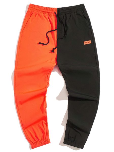 

men letter patch detail drawstring waist two tone pants p8l3#, Black