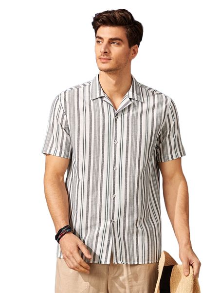 

men notched collar striped shirt q9jv#, White;black