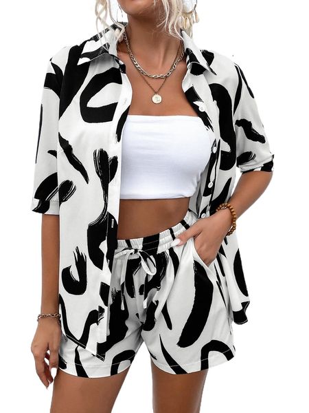 

graphic print blouse & tie waist shorts f9c0#, White