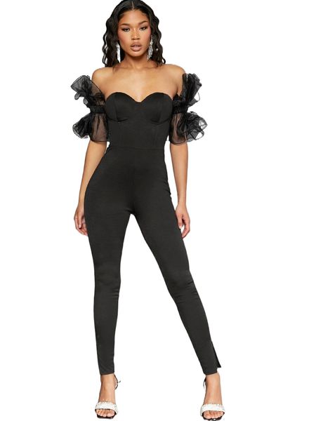 

off shoulder mesh tulle sleeve jumpsuit 42mh#, Black;white