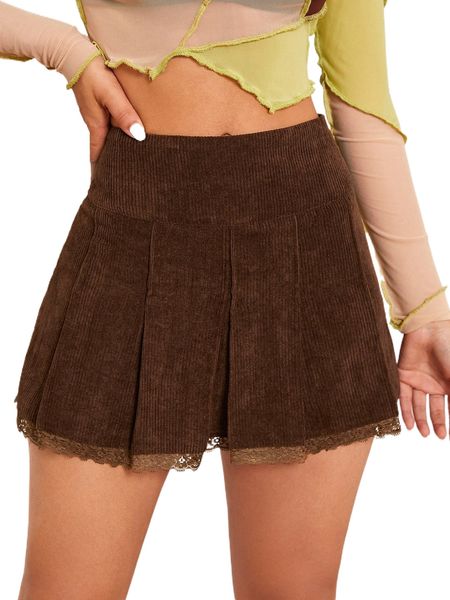 

corduroy contrast lace pleated hem skirt 21jl#, Black