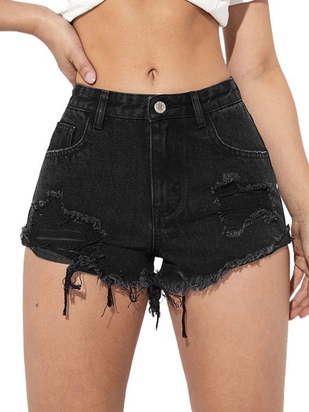 

ripped raw hem denim shorts 41eg#, White;black