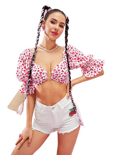 

x viktoriiavkart heart print flounce sleeve tie backless q2fs#, White