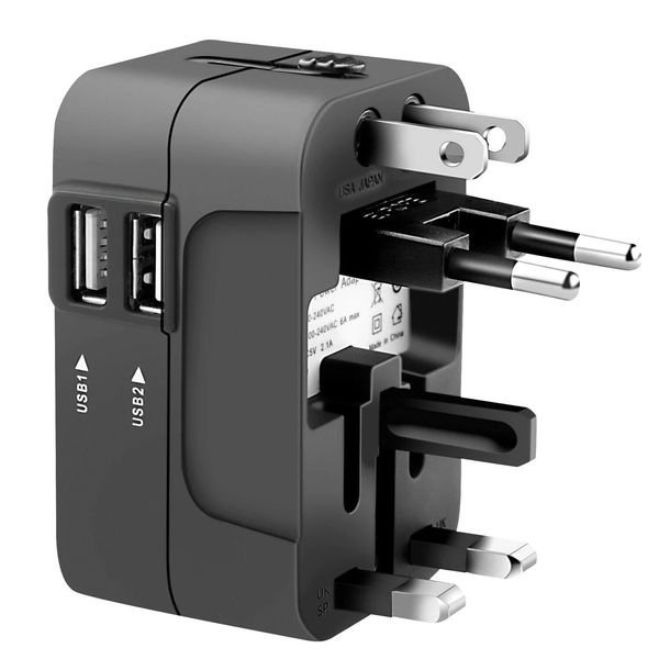 Universeller Reisestecker-Ladegerät-Adapter, 2 USB-Anschlüsse, Europa-Steckdose, Konverter, EU-US-UK-AU-Stecker, AC-Eingang 100 V-240 V, 2,1 A