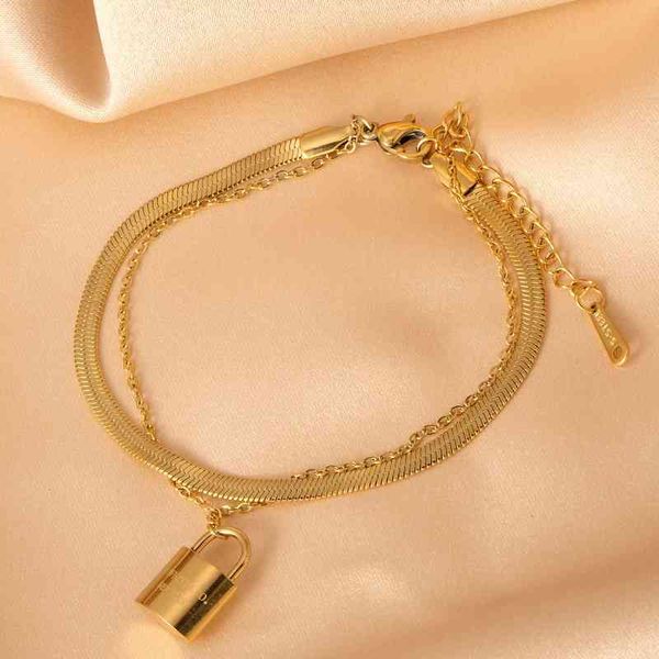 

2041 ins wind t home multi-layer bracelet 18k plated real gold padlock engraved letter flat snake bone chain titanium steel bracelet, Black