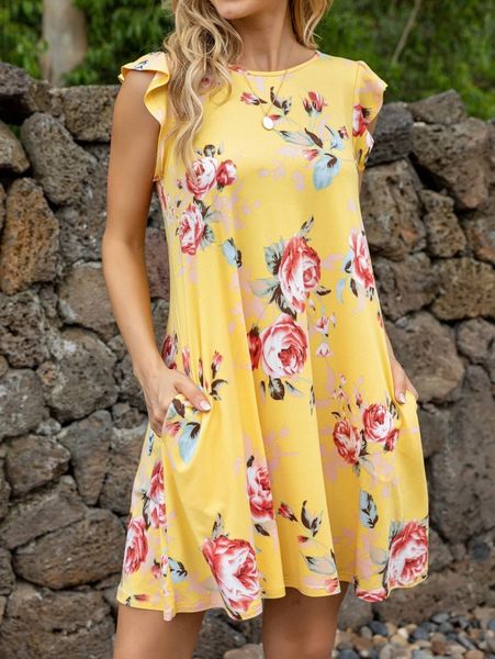 

dearcase floral print ruffle trim tunic dress k4el#, Black;gray
