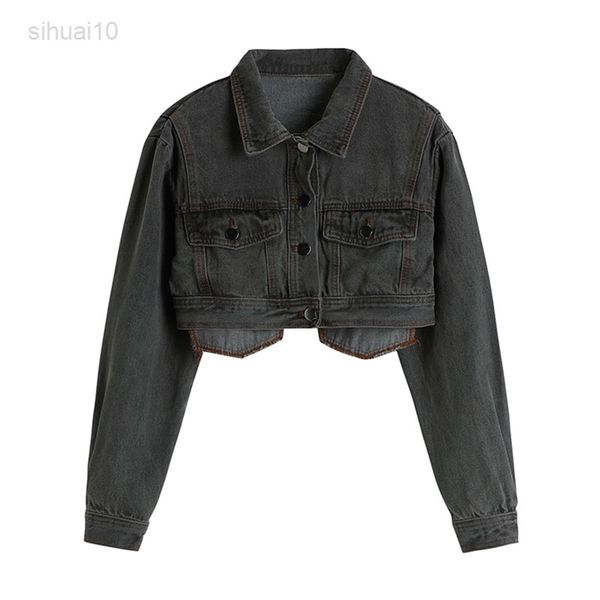 

spring autumn denim jacket short women retro smoke grey high waist slim all-competition female jacket single-breasted casual vest l220725, Black;brown