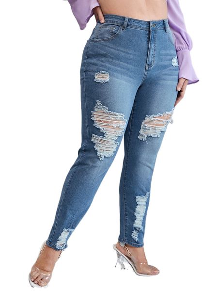 

plus high waist ripped skinny jeans 39wb#, Blue