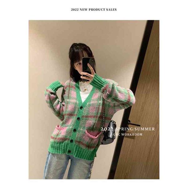 

women's sweaters spring and summer xiaozhongchao brand green check design mohair knitted cardigan sweater thin coat 0irw qv5e, White;black