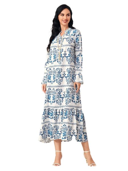 

1pc floral print notched neck dress without necklace 80xj#, Black;gray