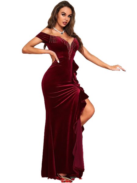 

beaded fringe trim ruffle slit thigh velvet prom dress t45x#, Black;gray