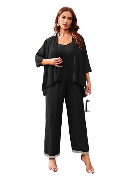 

plus contrast sequin panel jumpsuit with coat 421f#, Black