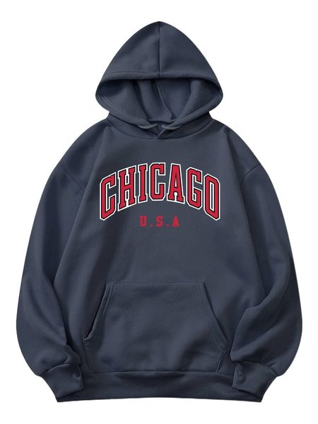 

letter graphic kangaroo pocket drawstring thermal sweatshirt b40u#, Black