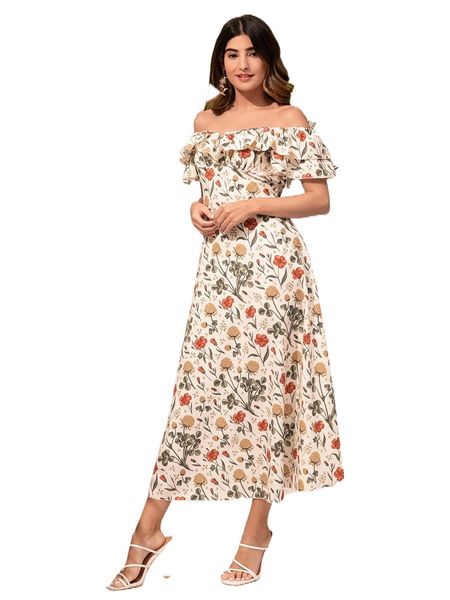 

modely allover floral print ruffle trim bardot dress z8ku#, Black;gray