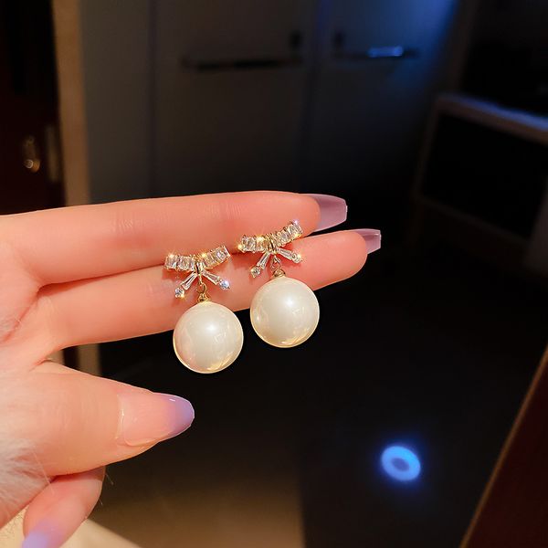 

real gold plated 925 silver needle zircon bow earrings ins south korea dongdaemun pearl earrings fashion eardrop for women, Golden